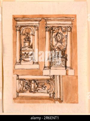 Obere Reihe links. Die architektonische Einstellung ist ähnlich wie 1938-88-1298, rechte Reihe, oben. Das Schema des Denkmals ist eine Variante von 1938-88-1298, linke Reihe, unten. Der Sockel hat zwei Versätze, mit einem Soffittenlampe im oberen, der einzigen Dekoration. Darüber sitzen zwei weibliche Allegorien. Auf dem Sarkophag ist ein Podest. Auf ihr steht eine Figur, die ein Medaillon trägt, zusammen mit einem Putto, neben ihr, rechts. Links, noch ein Putto, kniend. Rechts: Die architektonische Umgebung ist die übliche Interkolumniation mit der Entablatur. Im oberen Teil befindet sich ein Vorhang mit vorne A Stockfoto