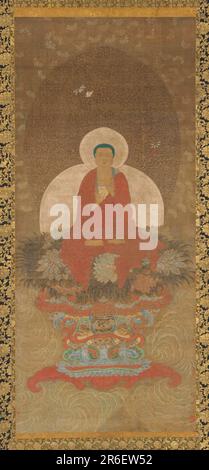 Zeigt den Buddha in einem roten Gewand, der auf einem aufwändigen Thron aus mehrfarbigen Lotusblüten mit einer mehrfarbigen Basis inmitten von Wolken und vor einem wellenförmigen Boden und Hintergrund mit Lotusblumen sitzt. Fünf Siegel, keine Inschriften oder Etiketten. Datum: 17. Jahrhundert. Ursprung: China. Zeitraum: Ming- oder Qing-Dynastie. Tinte und Farbe auf Seide. Museum: Freer Gallery of Art und Arthur M. Sackler Gallery. Stockfoto