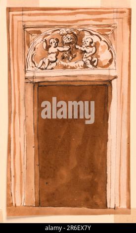 Über der Türöffnung befindet sich die rechteckige Außentür, die von einer Hülle gefüllt wird. In zwei sitzenden Putti, die einen Helm heben. Tür und Außentür sind mit Zierleisten eingerahmt. Stift und braune Tinte, Bürste und braune Wäsche auf weißem, liegendem Papier. Datum: 1780-1790. Museum: Cooper Hewitt, Smithsonian Design Museum. Stockfoto