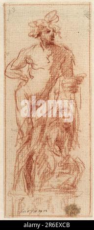 Eine Figur, vermutlich Bacchus, wird gezeigt, die sich mit der linken Hand auf eine Säule oder einen Pilaster lehnt. Marsyas sitzt vorne in Fesseln. Verso: Figurenstudien für Skulpturen: Links: Eine Figur, die eine Madonna und ein Kind repräsentiert; Mitte: Eine kniende Frau; unten: Kopf und Rücken einer zurückgelehnten Figur; unten rechts: Ein Mann von vorne; oben: Kopf und Schulter eines Mannes im Profil dargestellt. Recto: Rote Kreide auf weißem Papier; Verso: Schwarze Kreide, Graphit. Datum: Nach 1632. Museum: Cooper Hewitt, Smithsonian Design Museum. Stockfoto