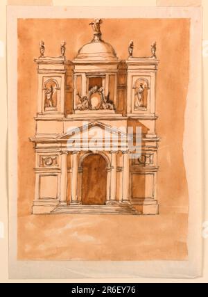 Höhe einer Kirche. Stift und braune Tinte, Bürste und braune Wäsche auf ausgekleidetem, weißem, liegendem Papier. Datum: 1746-1809. Museum: Cooper Hewitt, Smithsonian Design Museum. Stockfoto