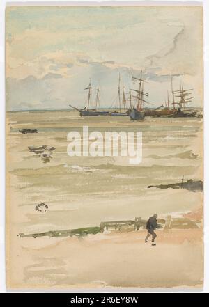 Eine Gruppe von Schiffen vor Anker; ein schmaler Strand im Vordergrund; eine Figur; mit Schmetterling am linken Rand gekennzeichnet. Aquarell auf Papier. Ursprung: Vereinigte Staaten. Datum: 1882-1884. Museum: Freer Gallery of Art und Arthur M. Sackler Gallery. Stockfoto