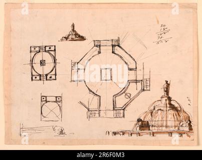 Oben links: Blick auf einen Brunnen mit duschenden Löwen, angezapft von einer weiblichen Figur. Linkes Zentrum: Plan eines länglichen Brunnens. Center: Unvollendeter Plan eines achteckigen Brunnens. Unten links: Unvollendeter Plan eines länglichen Brunnens. Grobe Skizze von Stufen. Unten rechts: Eine Variante des Designs oben links; umgeben von Pfosten. Konten oben rechts. Datum: 1795. Stift und braune Tinte, Bürste und braune Wäsche, Graphit auf weißem, liegendem Papier, gefüttert. Museum: Cooper Hewitt, Smithsonian Design Museum. Stockfoto