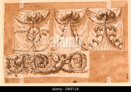 Obere Reihe, links: Vor einem Vorhang befindet sich ein Stiel mit Federn oben; gebogene Äste sind daran befestigt und in der Mitte befindet sich ein ovaler Kranz. Rechts: Zwei unterschiedlich geformte Zelte befinden sich vor einem Vorhang, beide mit Federn oben. Der rechte Punkt hat einen Kreis von Federn darunter und einzelne gebogene Federn entlang der Ränder des Zelts. Der linke Punkt hat entlang der Ränder kleine Blumenstämme. Unten links die Dekoration eines Fries: Das mittlere Motiv ist ein ovales Wetter mit einem Brustporträt im Profil. Es wird von der Halbfigur eines Kindes mit Schmetterling w gestützt Stockfoto