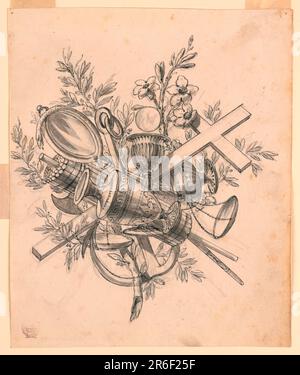 Eine Zusammenstellung aus einem Pitcher, einem Kelch mit dem Wirt darüber, Kreuz Anker, Gleichgewicht, schauendes Glas mit Schlange, Waagschale mit Kerzen, Lilie und anderen Ästen. Datum: 1830-1850. Schwarzer Stift, Stift und schwarze Tinte, Bürste auf Papier. Museum: Cooper Hewitt, Smithsonian Design Museum. Stockfoto