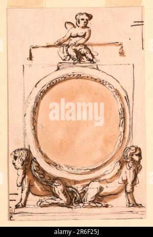Ein kreisförmiger Rahmen ist in ein Quadrat eingraviert; er hat oben eine Basis, auf der ein Putto mit einer Waage sitzt, und wird von zwei sitzenden, nach außen geflügelten Sphinxen gestützt. Unten ist eine Basis. Oben rechts. Stift und braune Tinte, Bürste und braune Wäsche, Graphit auf weißem, liegendem Papier. Datum: 1790-1800. Museum: Cooper Hewitt, Smithsonian Design Museum. Stockfoto