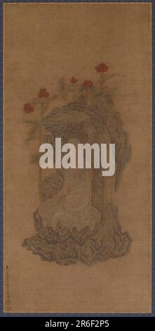 Eine buddhistische Figur mit weißem Rumpf, die in einer Felsnische sitzt. Tinte und Farbe. Unterschrift und zwei Siegel. Datum: 17. Jahrhundert. Ursprung: China. Zeitraum: Ming-Dynastie. Tinte und Farbe auf Seide, auf Platte montiert. Museum: Freer Gallery of Art und Arthur M. Sackler Gallery. Stockfoto