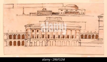 Palast. Datum: 1746-1809. Stift und braune Tinte, Bürste und braune Wäsche, Graphit auf liniertem, cremefarbenem, liegendem Papier. Museum: Cooper Hewitt, Smithsonian Design Museum. Stockfoto