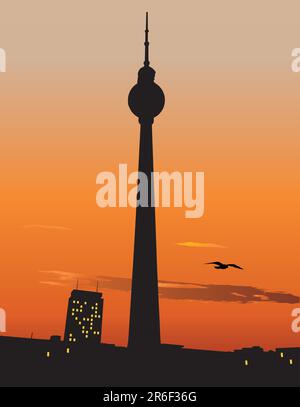 Vektor-Slilhouette Berlin TV Turm gegen Sonnenuntergang Himmel, Deutschland Stock Vektor