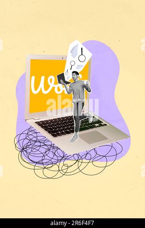 Kreative Collage Illustration eines jungen seo-Informationsforschers Marketing Job man Netbook-Daten analysieren isoliert auf gelbem Hintergrund Stockfoto