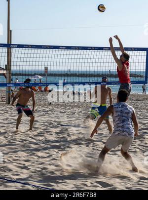 Junge, einheimische Männer und Frauen spielen Beach-Volley am Gordon Beach, Tel Aviv, Israel Stockfoto