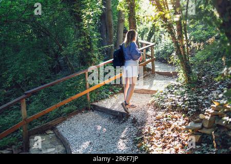 Junge Frau in Shorts und Hemd klettert auf kleine Kieselsteine und Holzbretter auf den Waldweg. Blondes Mädchen mit Rucksack, das zurücksteht. Gehen Sie durch Stockfoto