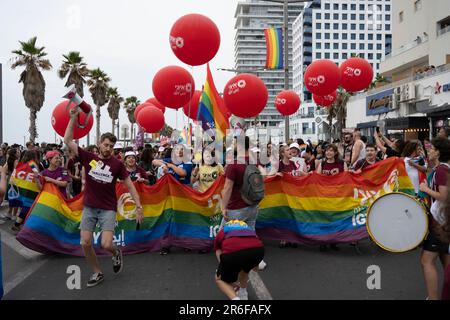 Demonstranten, die gegen die Reform der Regierung protestieren, marschieren während der Tel Aviv Gay Pride Parade am 8. 2023. Juni, könnten die Rechte der LGBT-Gemeinschaft die ersten sein, die B haben Stockfoto