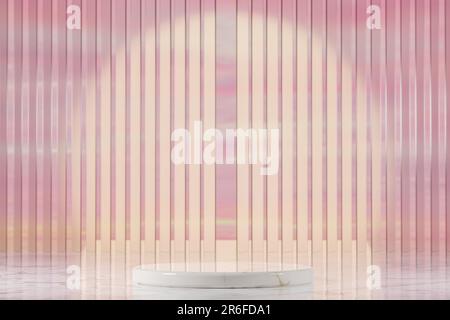 Weißes Podium auf pinkfarbenem Hintergrund. Hochzeit, Hochzeitstag. Podium für Produkt, kosmetische Präsentation. Modell-Standfuß oder -Plattform für Schönheitsprodukte. 3D Stockfoto