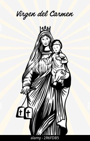 Handgezeichnete vertikale bannerdarstellung von virgen del carmen Stock Vektor