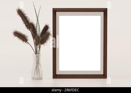 Modellrahmen. Hochformat 50 x 70, 20 x 28, A3, A4, Braunes Holzrahmenmodell auf beigem Hintergrund. Postermodell. Sauber, modern, minimalistischer Rahmen. Leerer Rahmen I Stockfoto