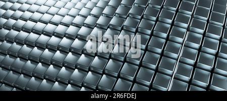 Abstraktes Blau eines futuristischen Flächenwürfelmusters mit Lichtstrahlen. Blauer sechseckiger Hintergrund. Breites Banner. 3D-Rendering Stockfoto