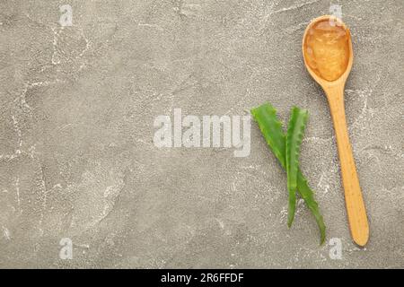 Aloe Vera Gel auf Holzlöffel mit Aloe Vera auf grauem Hintergrund. Stockfoto