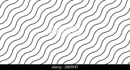Wellenlinien nahtloses Muster. Wellige Streifen mit sich wiederholendem Hintergrund. Schwarze und weiße diagonale Wellenstruktur. Gekrümmte und gekrümmte lineare Tapete. Textil- und Stoffmuster-Designvorlage. Vektor Stock Vektor