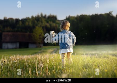 Ein kleines Mädchen läuft mit einem Blumenstrauß durch eine Wiese Stockfoto