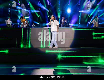 Tyler Hubbard tritt am 1. Tag des CMA Fests im Nissan Stadium am Donnerstag, den 8. Juni 2023 in Nashville, Tennessee auf. Foto: Amiee Stubbs/ImageSPACE/Sipa USA Stockfoto