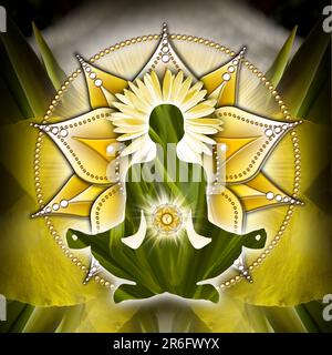 Solarplexus-Chakra-Meditation in Yoga-Lotus-Pose, vor dem Manipura-Chakra-Symbol. Friedliche Einrichtung für Meditation und Chakra-Energie-Heilung. Stockfoto