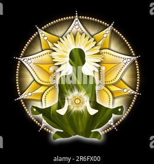 Solarplexus-Chakra-Meditation in Yoga-Lotus-Pose, vor dem Manipura-Chakra-Symbol. Friedliche Einrichtung für Meditation und Chakra-Energie-Heilung. Stockfoto