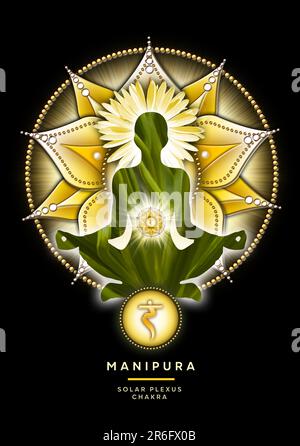Solarplexus-Chakra-Meditation in Yoga-Lotus-Pose, vor dem Manipura-Chakra-Symbol. Friedliche Einrichtung für Meditation und Chakra-Energie-Heilung. Stockfoto