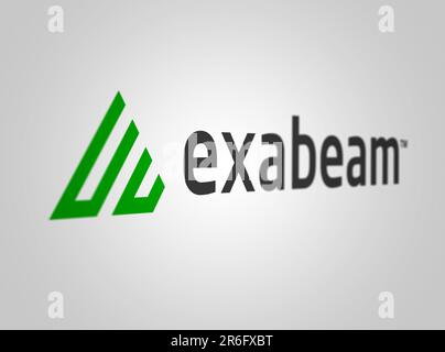 Foster City, USA, Mai 2023: Exabeam-Logo auf weißem Hintergrund. Exabeam ist ein Unternehmen für Cybersicherheit. Security Intelligence- und Analyselösungen. Illu Stockfoto