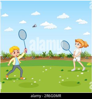 Zwei Kinder, die an einem sonnigen Tag auf einem Feld im Freien Badminton spielen Stockfoto