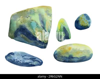 Steine verschiedener Formen und Größen. Ein Satz handgezeichneter Aquarellabbildungen. Grüne, blaue Farbtöne. Als Ergänzung zum Design von Postkarten usw. Stockfoto