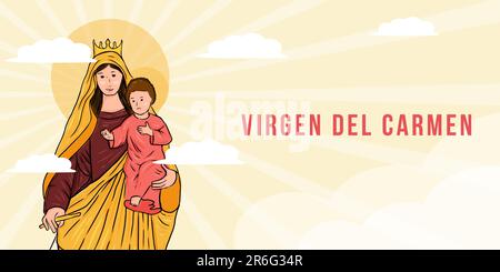 Flache virgen del carmen handgezeichnete horizontale Bannerdarstellung Stock Vektor