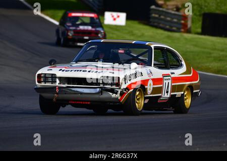 John Spiers, Nigel Greensall, Ford Capri Hermetite, HRDC „Gerry Marshall“ Trophy Series, über 30 Autos auf dem Spielfeld für einen 45-minütigen Fahrer Stockfoto