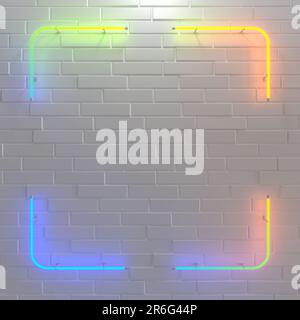 Quadratischer, mehrfarbiger Leuchtrahmen in Neon an weißer Wand. 3D Abbildung. Stockfoto