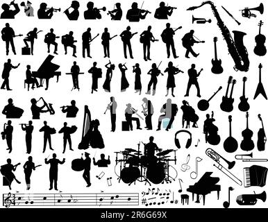 Vektorsilhouetten von Musikern, Musikinstrumenten und Symbolen Stock Vektor