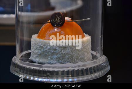 Konzentrieren Sie sich auf die Schaufenster des Chocolatier „Méert“ aus Lille und seine wunderbaren Kreationen, oktober 2017 15. Fokus auf den Kuchen „Le Printanier“ Stockfoto