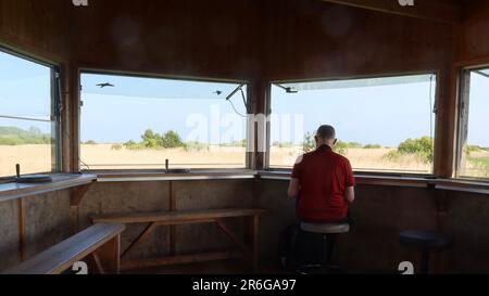 Saxmundham, Suffolk - 9. Juni 2023 : Naturschutzgebiet Minsmere unter Bedrohung durch den Bau von Sizewell C. Ein Mann auf der Insel versteckt sich nur mit Blick auf die Aussicht. Stockfoto