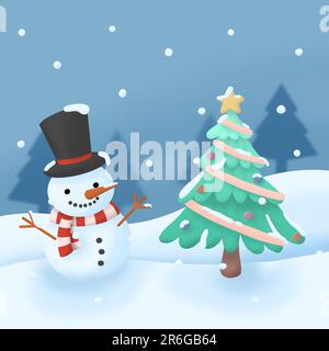 Handgezeichnete Zeichentrickfigur mit Schneemann und Weihnachtsbaum für Grußkarte und Design Stockfoto