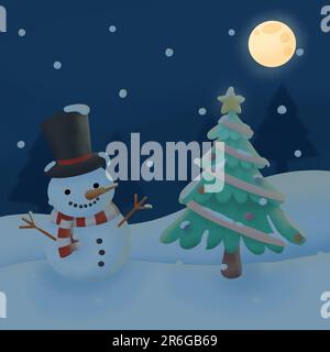 Handgezeichnete Zeichentrickfigur von Schneemann und Weihnachtsbaum bei Nacht für Grußkarte, Design Stockfoto
