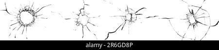 Textursatz mit Rissen von zerbrochenem Glas. Löcher im Fenster für die Konstruktion auf weißem Hintergrund. Stockfoto