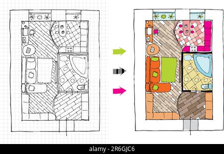 Interior Design-Apartments - Draufsicht. Unregelmäßige Linien zu skizzieren Handarbeit Stock Vektor