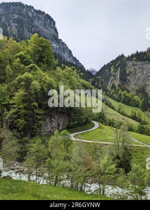 Diese atemberaubende Luftaufnahme der österreichischen Alpen zeigt ein üppiges grünes Tal, umgeben von schneebedeckten Bergen Stockfoto