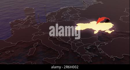 Ukraine-Russland-Krise. 3D-Darstellung einer dunkelblauen Karte von Europa mit der Ukraine in Gelb und rotem Pfeil, der auf das Bild zeigt. Geopolitisches Konzept. Stockfoto
