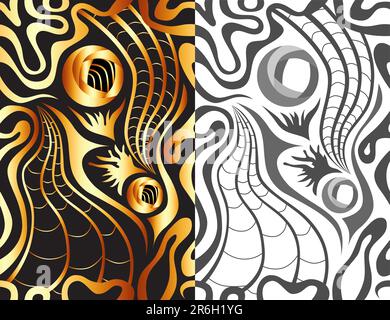 Zwei nahtlose Muster (Gold, Schwarz und Grau) auf zwei Schichten. Stock Vektor