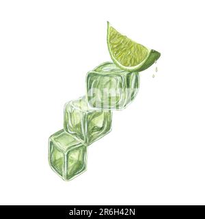 Aquarellkonzept der Balance mit der Pyramide aus Eiswürfeln und frischer Kalkscheibe oben isoliert auf weißem Hintergrund. Begrüßung für Menü, Cocktailparty Stockfoto