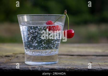 Kohlensäurehaltiges Wasser in einem Glas mit roten Beeren Stockfoto