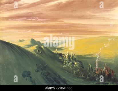 Indianer, die bei Sunset, Upper Missouri, zelten. Öl auf Segeltuch. Datum: 1832. Museum: Smithsonian American Art Museum. Stockfoto