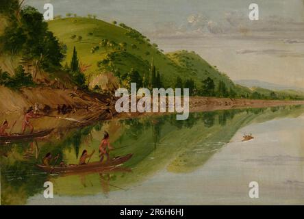 Blick auf die St. Peter's River, Sioux-Indianer, die einen Hirsch in ihren Kanus verfolgen. Öl auf Segeltuch. Datum: 1836-1837. Museum: Smithsonian American Art Museum. Stockfoto