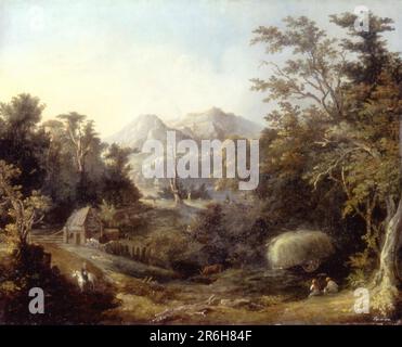 Landschaft mit Farm und Bergen. Datum: 1832. Öl auf Holz. Museum: Smithsonian American Art Museum. Stockfoto