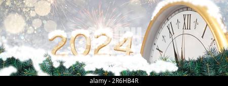 Die letzten Momente bis zum neuen 2024. Jahr zählen. Grußkarte mit Uhr und Tannenzweigen mit Schnee und Bannerdesign Stockfoto